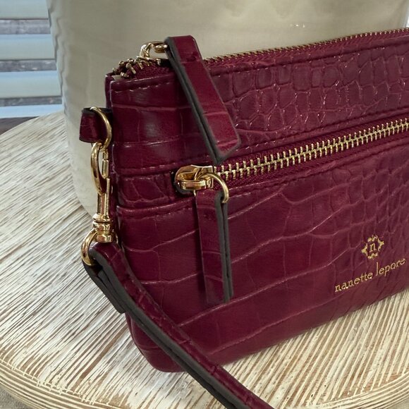 Nanette Lepore Moli Croc Embossed Tech Wristlet Wallet Vegan Burgundy Orchid New - Picture 3 of 12